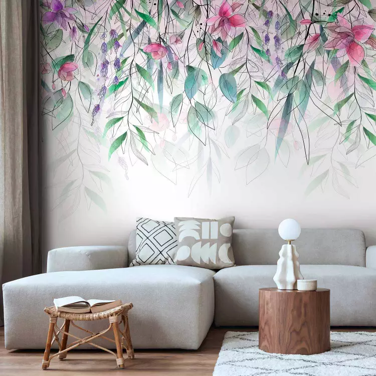 Aquarell Wiese - rosa Blumen und zarte Blätter auf weißem Hintergrund