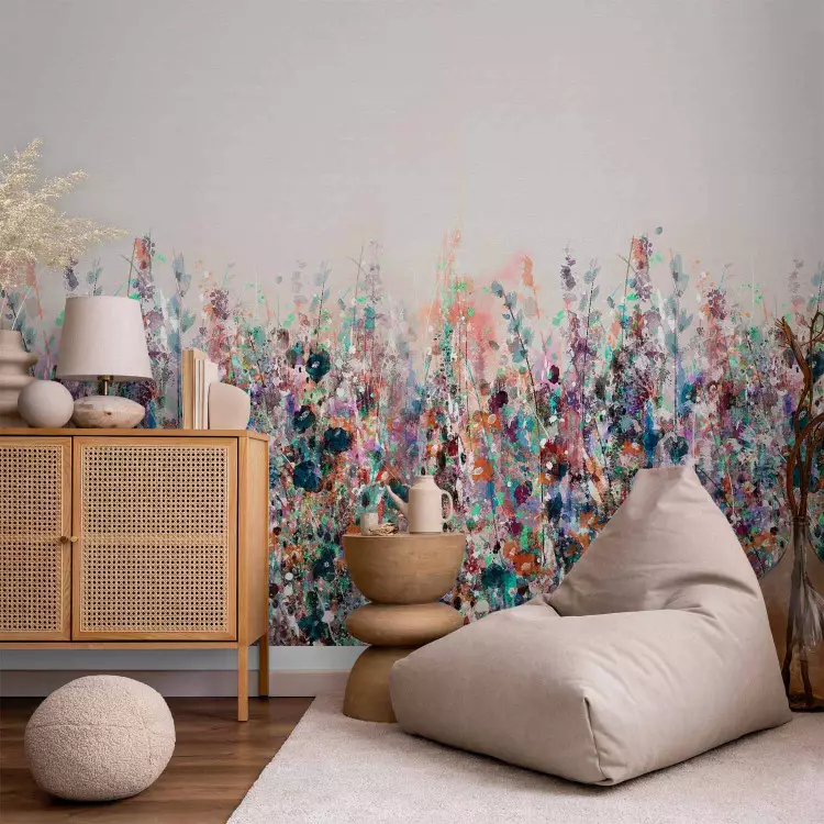 Orange Wiese - gemalte Landschaft aus Feldblumen im Boho-Stil