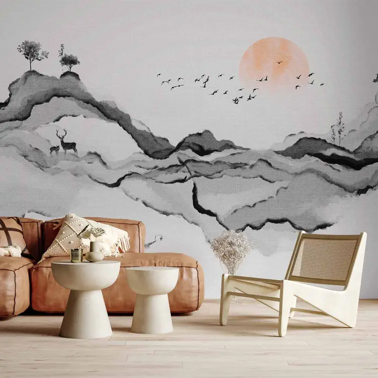 Aquarell graue Berge - abstrakte Naturlandschaft im japanischen Stil
