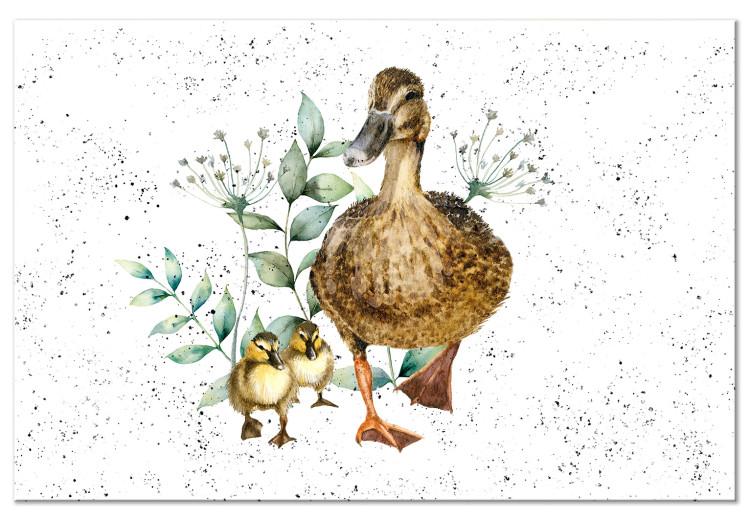 Leinwandbild Family of Ducks - Cute Painted Animals and Plants Background in Splashes