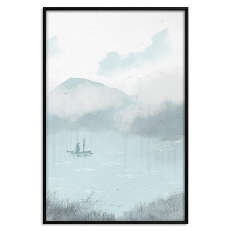 Poster Fishing in the Morning - Small Boat Against the Background of Misty Mountains