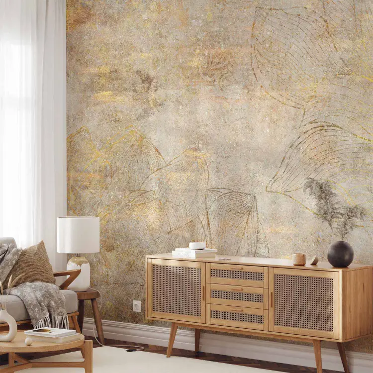 Goldene Etüde - Grafik in Grau-Gelb mit Blumen im Hintergrund