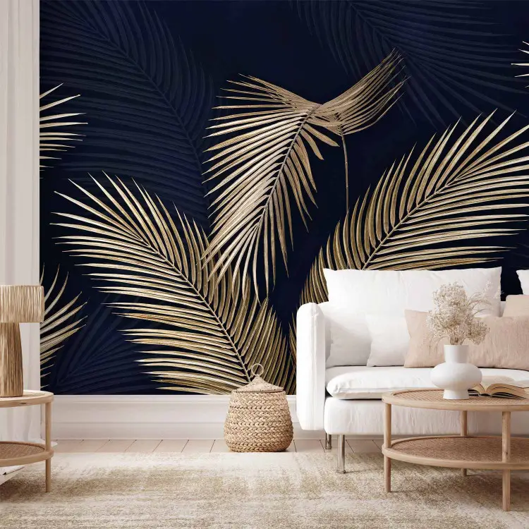 Goldene Palmen - Grafik mit Blättern in Gelb auf blauem Hintergrund