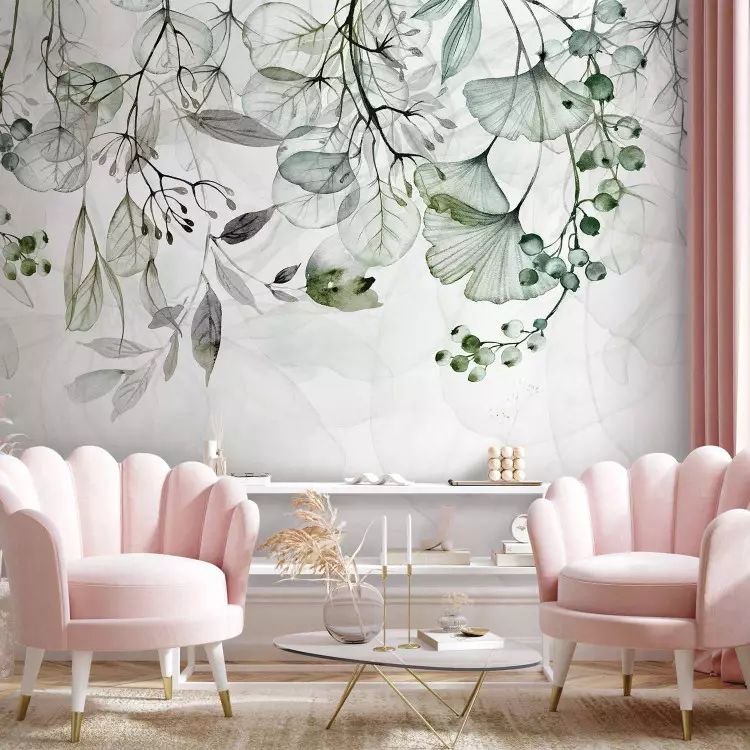 Aquarellnatur - grüne Blättchen, Blumen und Früchte heller Hintergrund