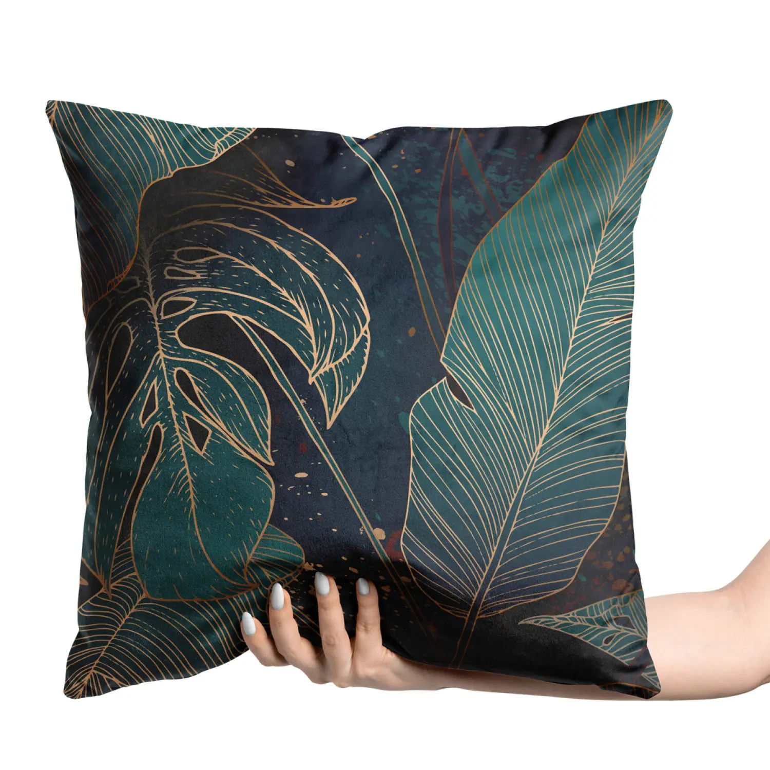 Kissen Botanical gold - a floral composition with monstera leaves dekorativ  - Velours Kissen - bimago