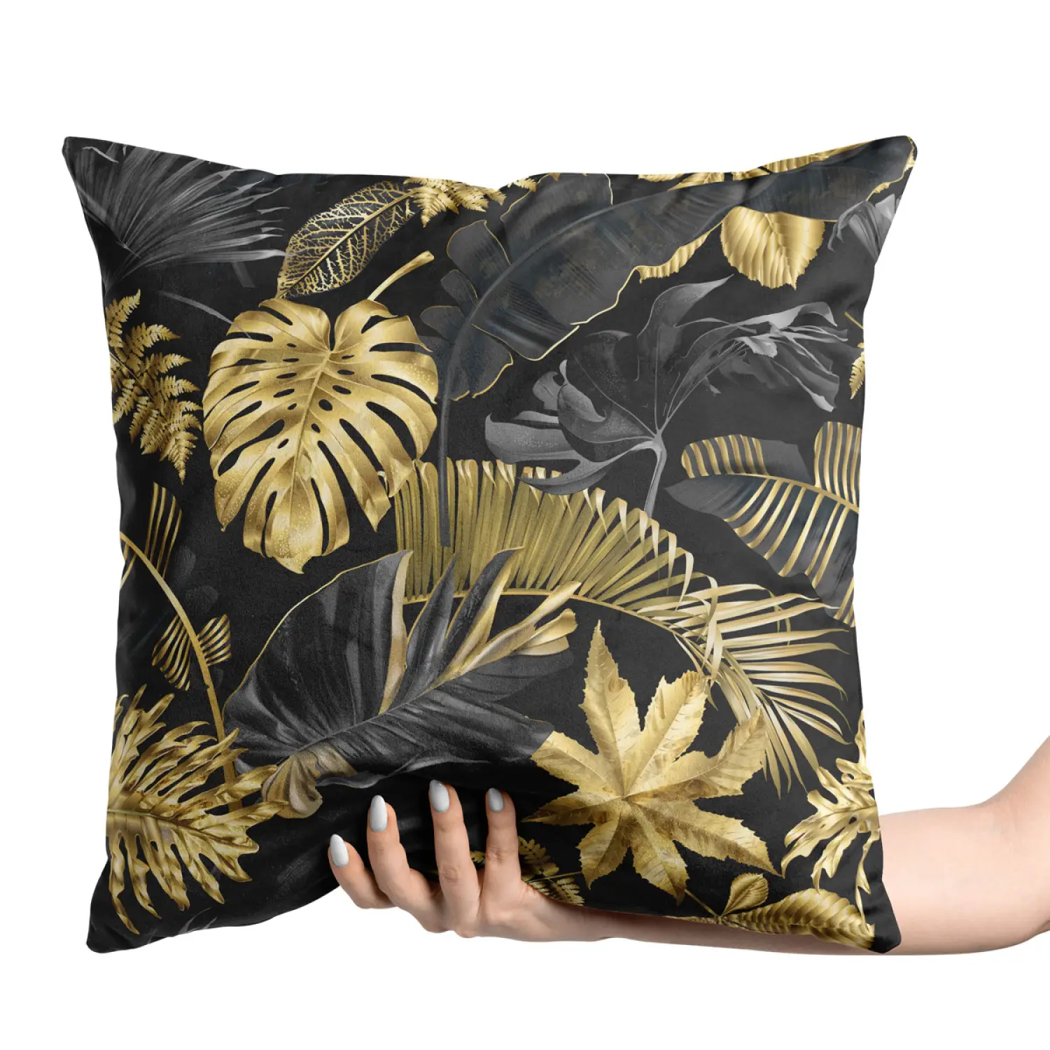 Kissen Gold and black monstera - tropical leaves in glamour style dekorativ  - Velours Kissen - bimago