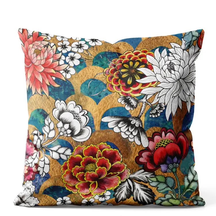Oriental garden - graphic style dahlia flowers on abstract background