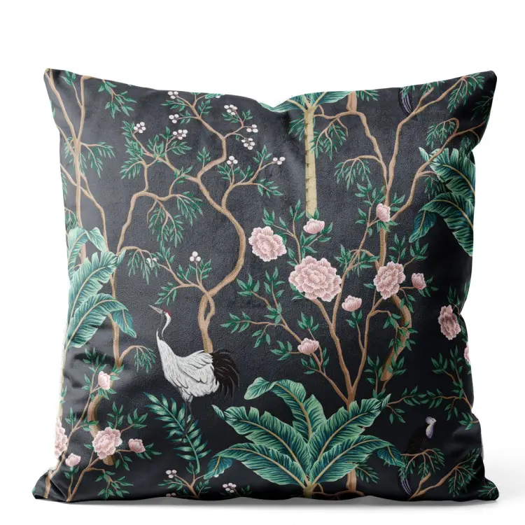 Bird in the bushes - palm trees with pink flowers on a dark background