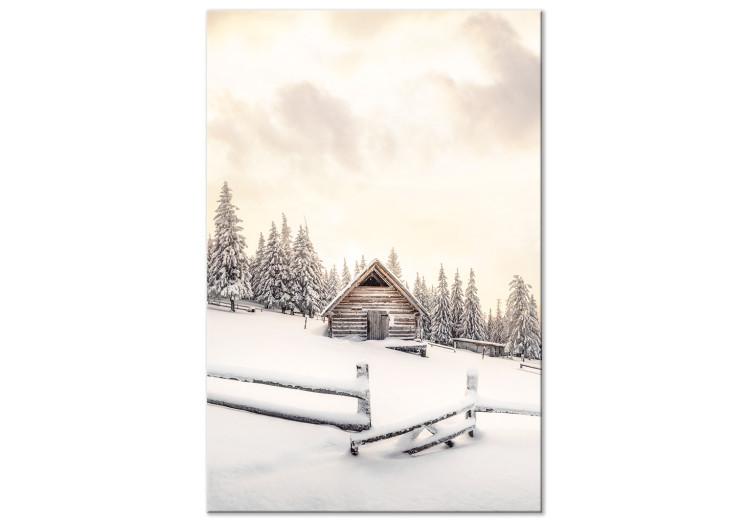 Leinwandbild Winter Cottage - Sunrise Landscape Over the Forest and Mountain Cottage