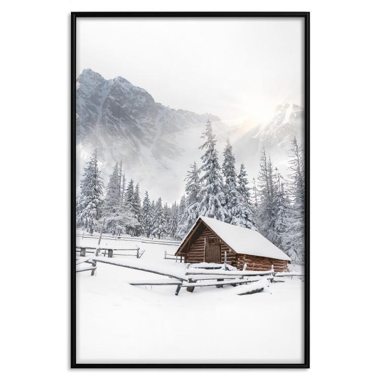Poster Winter Morning - Sunrise Landscape Over the Mountains, a Cottage and a Forest