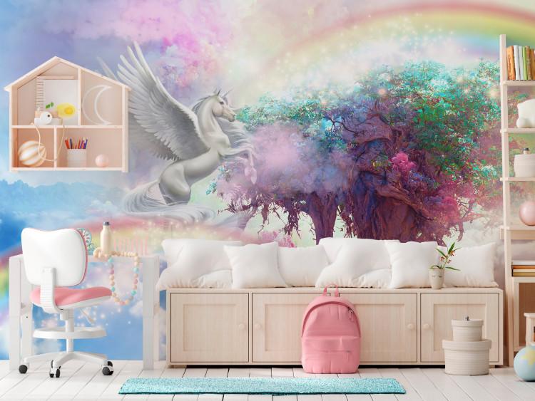Fototapete Unicorn and Magic Tree - Colorful and Rainbow Land in the Clouds