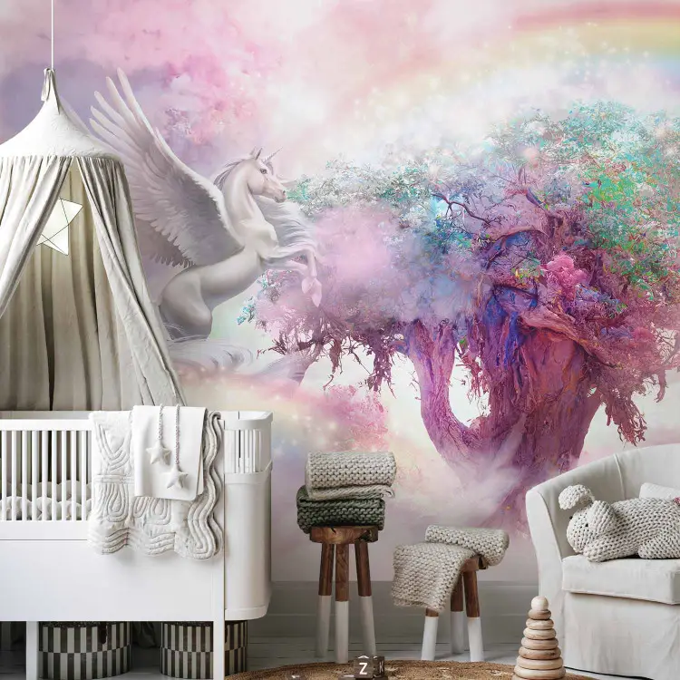 Einhorn und Zauberbaum - rosa und Regenbogenland in den Wolken