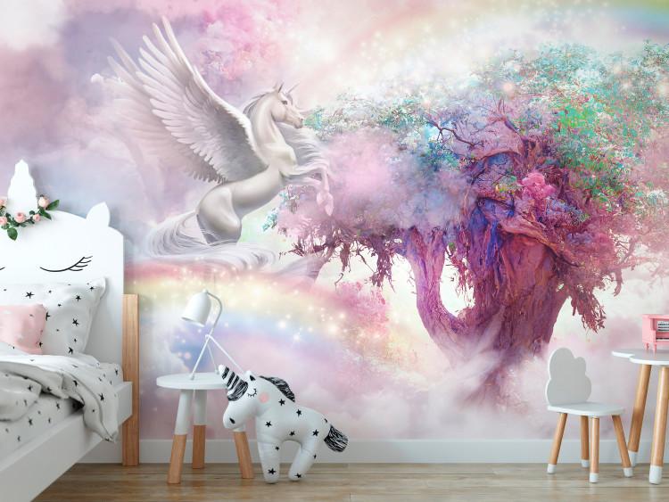 Fototapete Unicorn and Magic Tree - Pink and Rainbow Land in the Clouds