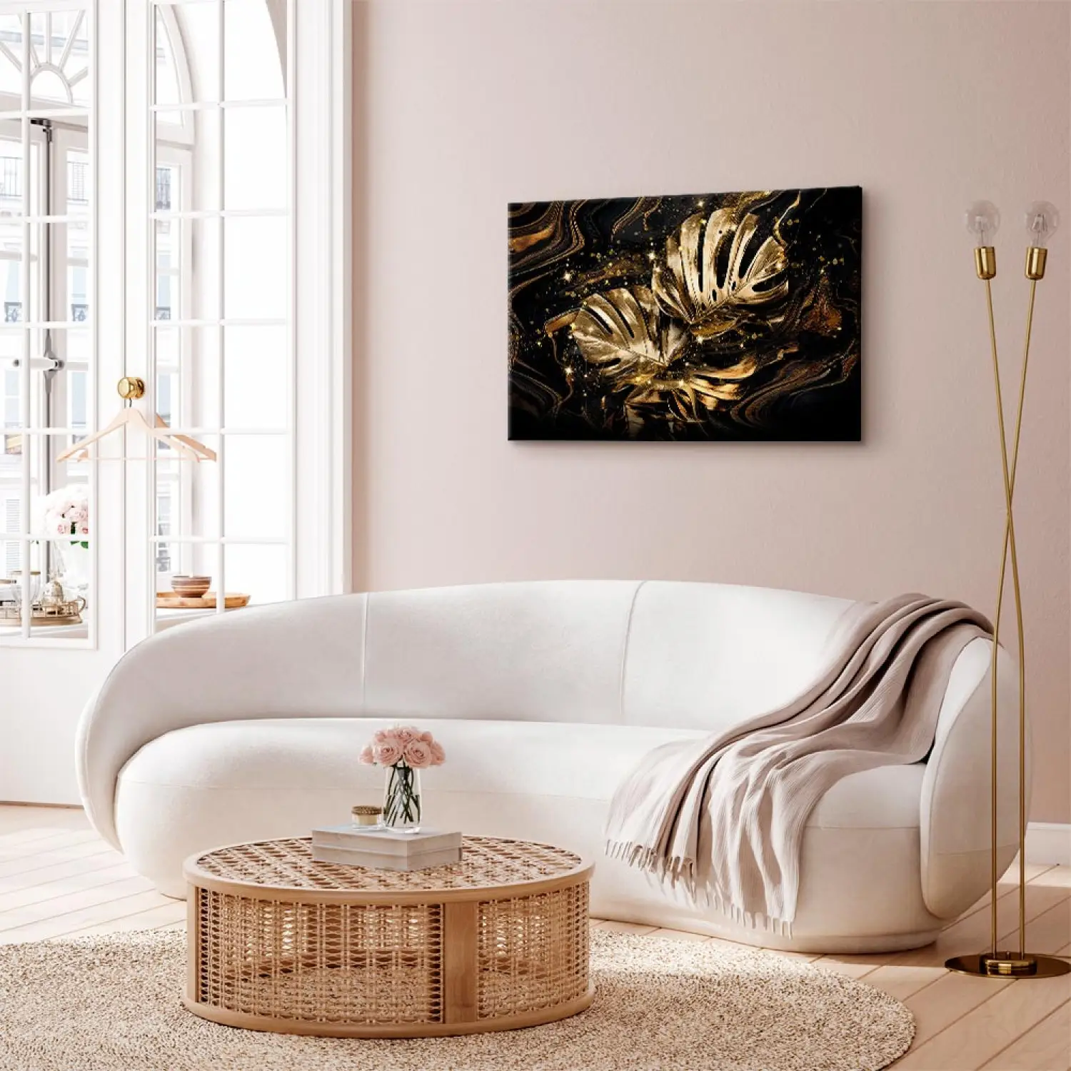 Bilder auf Leinwand Goldene Monstera - eine dynamische Komposition aus  glnzenden Blttern - Glamour - bimago
