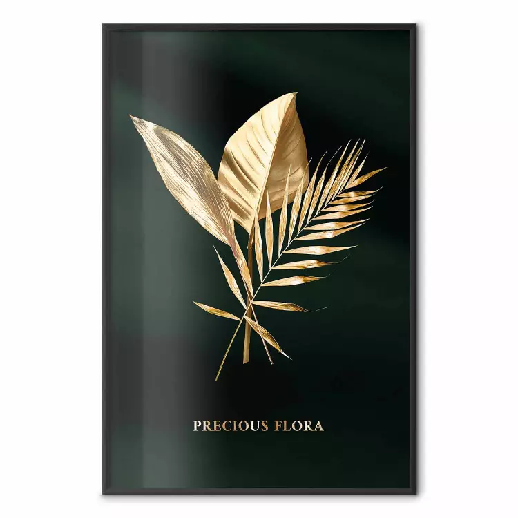 Precious Leaves - Illuminated Flora With an Inscription on a Dark Green Fabric