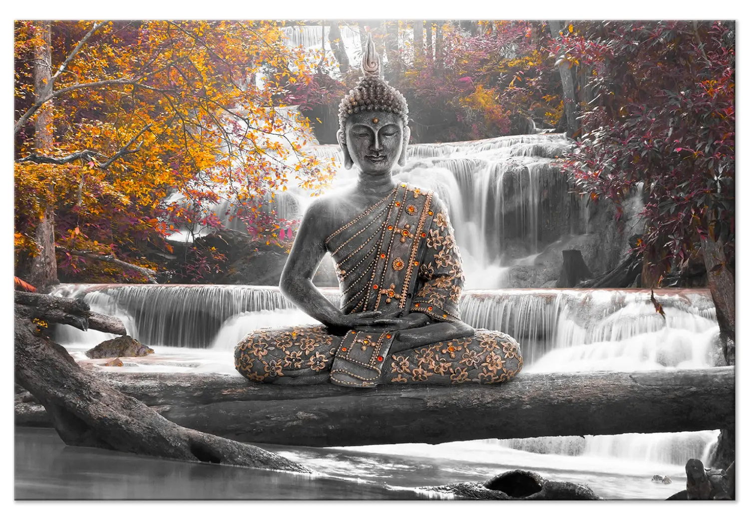Buddha-Wandbild Auf Leinwand – Zen-Deko Mit Wasserfall & Bäumen Für Wohnzimmer