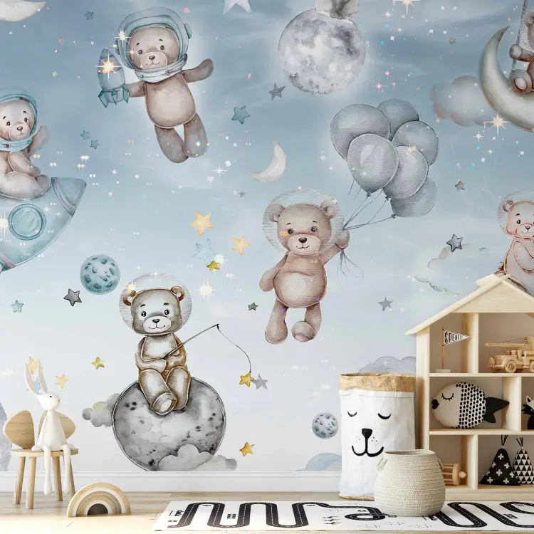 Teddybären und Pinguine im Weltall - blaue Galaxie und Sterne
