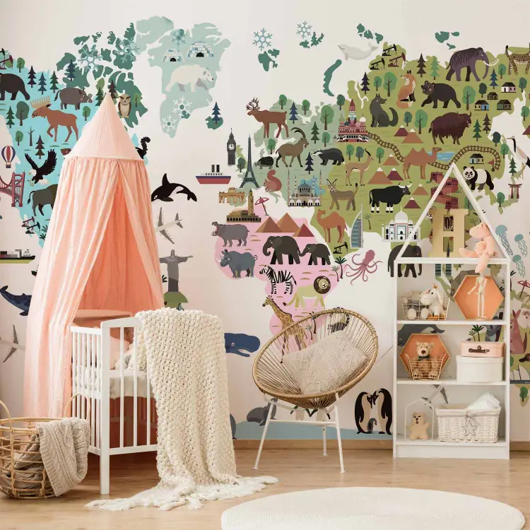 Fröhliche Welt - bunte Karte für Kinder, Kontinente und Tiere
