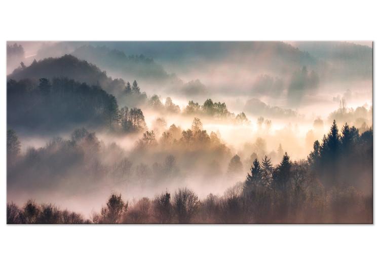 Leinwandbild Forest in the Fog - Mountainous Landscape With Trees at Sunrise