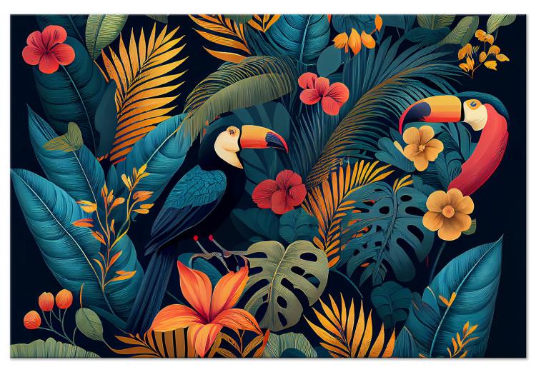 Leinwandbild Exotic Birds - Toucans Among Colorful Vegetation in the Jungle