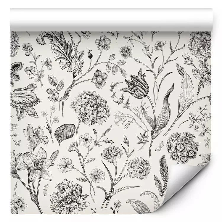Vintage Style Meadow - Sketches of Flowers in Black and White Colors