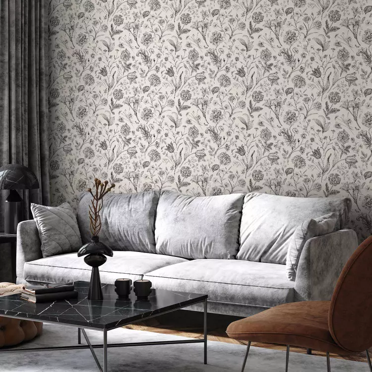 Vintage Style Meadow - Sketches of Flowers in Black and White Colors