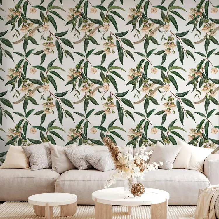 Watercolor Nature - Green Leaves and White Flowers on a Light Background