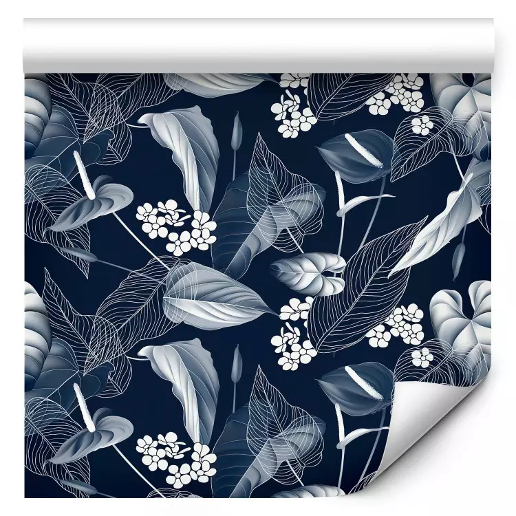 Monochrome Nature - Sketch of Leaves and Flowers on a Navy Blue Background