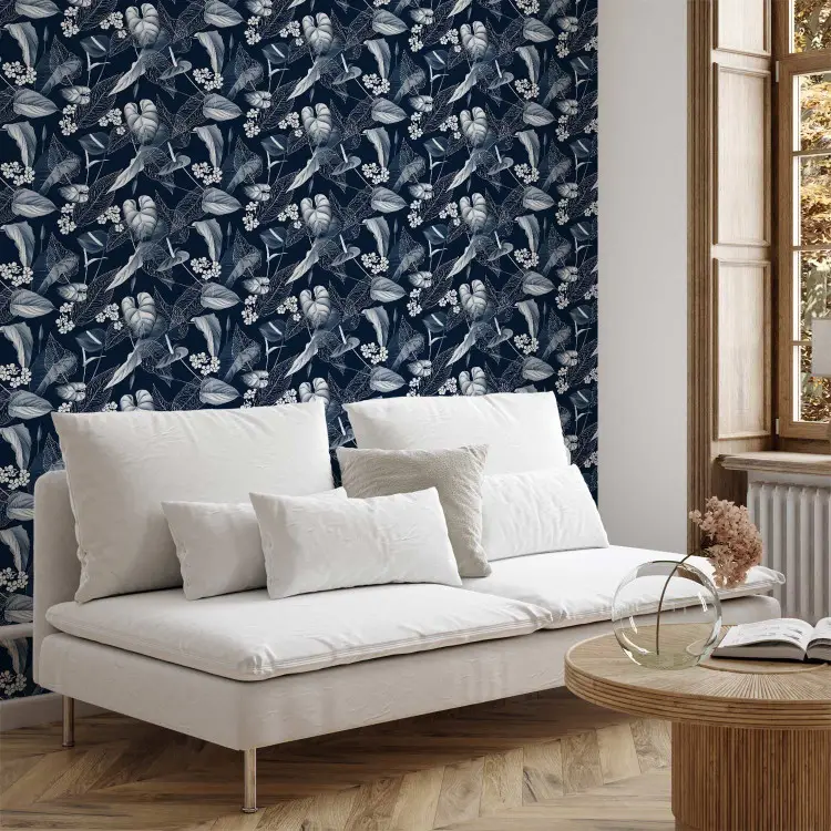 Monochrome Nature - Sketch of Leaves and Flowers on a Navy Blue Background