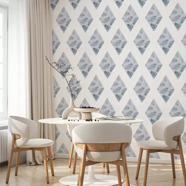 Pattern - Palm Leaves on Blue Diamonds Connected With White Stripes