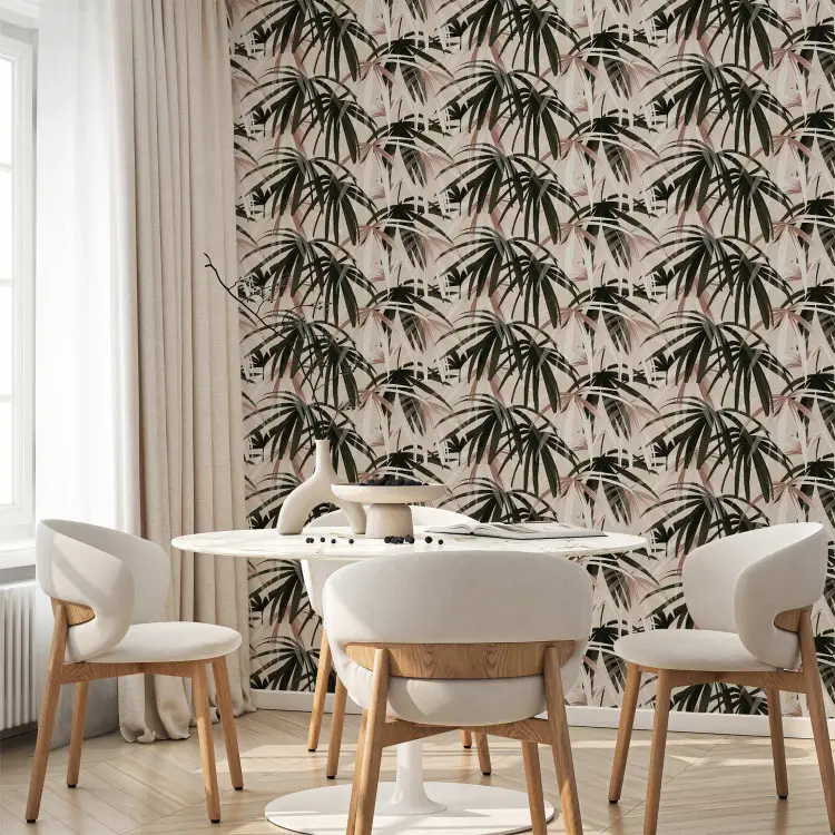 Nature Pattern - Dark Green Palm Leaves on a Beige Background
