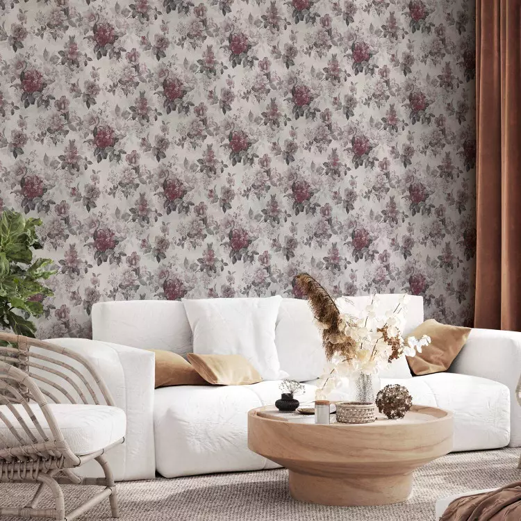 Peonies and Lilacs - White and Pink Flowers With Gray Leaves on a Light Background