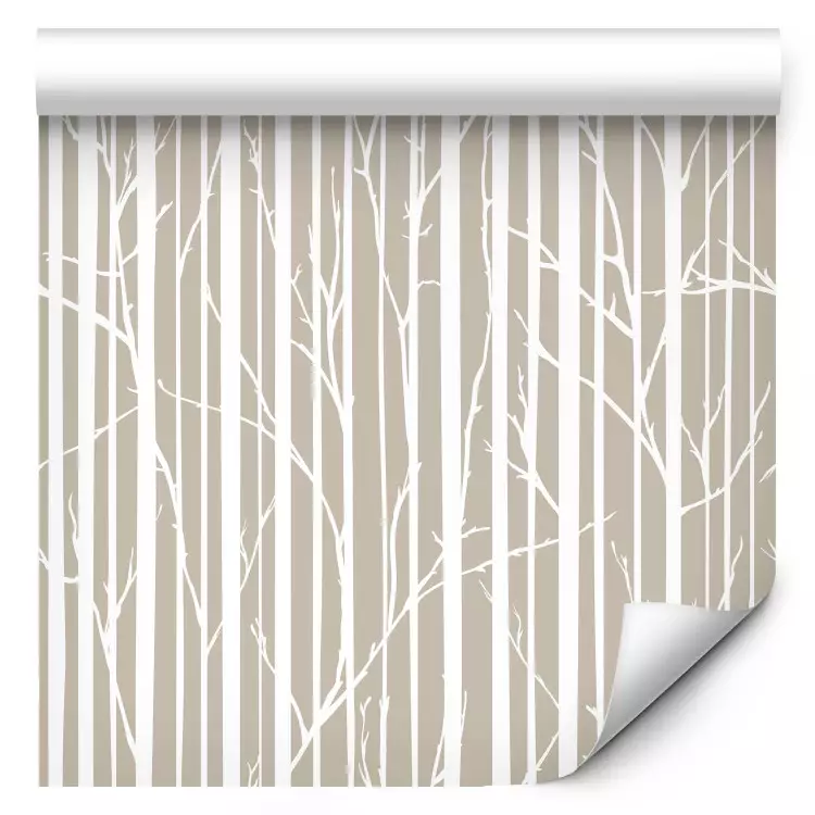 Forest Pattern - White Tree Trunks and Branches on a Beige Background