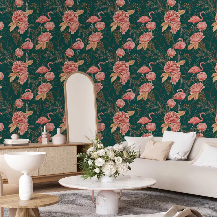Flamingo Pattern - Birds and Flowers Among Leaves on a Turquoise Background