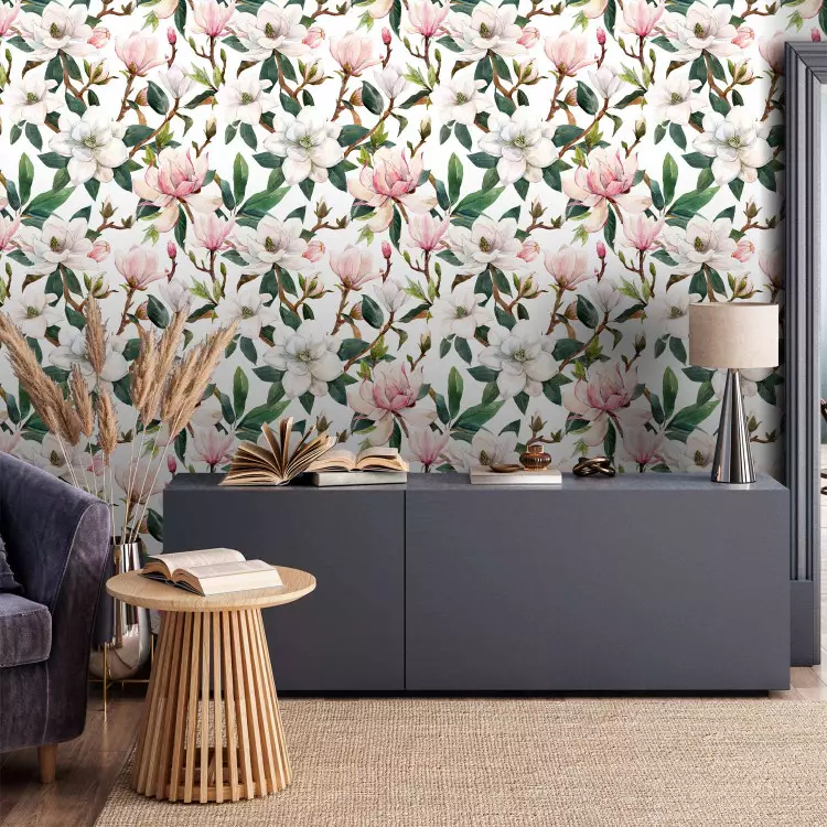 Beautiful Magnolia - Pattern of White and Pink Flowers on the Branches