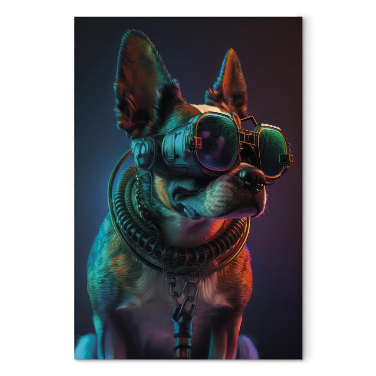 Leinwandbild AI Boston Terrier Dog - Green Cyber Animal Wearing Cyberpunk Glasses - Vertical