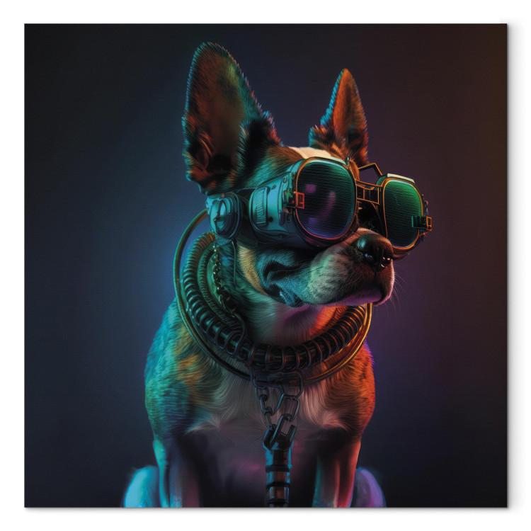 Leinwandbild AI Boston Terrier Dog - Green Cyber Animal Wearing Cyberpunk Glasses - Square