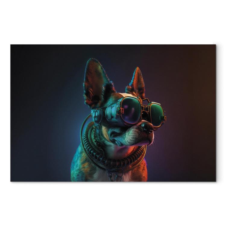 Leinwandbild AI Boston Terrier Dog - Green Cyber Animal Wearing Cyberpunk Glasses - Horizontal