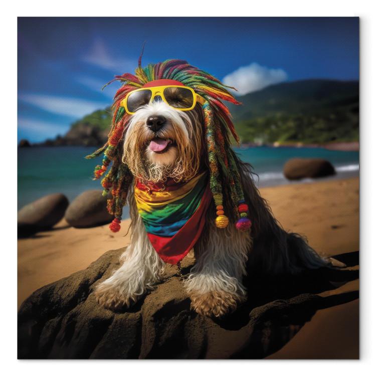 Leinwandbild AI Bearded Collie Dog - Rasta Animal Chilling on Paradise Beach - Square