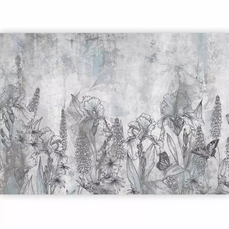 Wiese in Grau - Schwertlilien und Blumen auf steinigem Hintergrund
