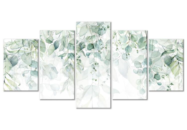 Leinwandbild Pastel Plants - Leaves in Delicate Greens on a White Background
