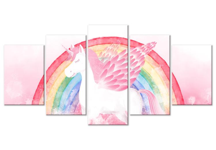 Leinwandbild The Pink Power of the Unicorn - A Winged Animal Against a Rainbow Background