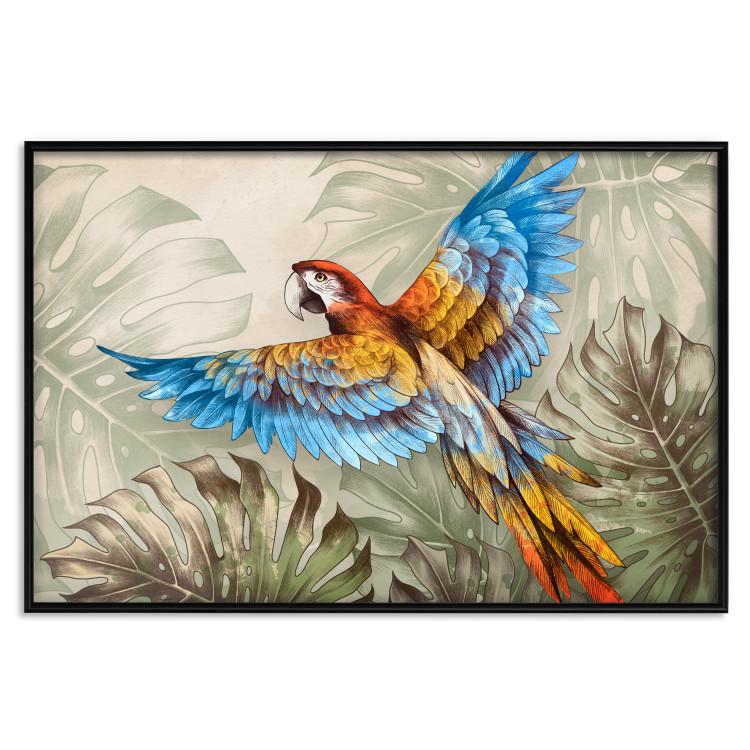Poster Parrot in the Jungle - A Colorful Bird Among the Green Leaves of a Monstera
