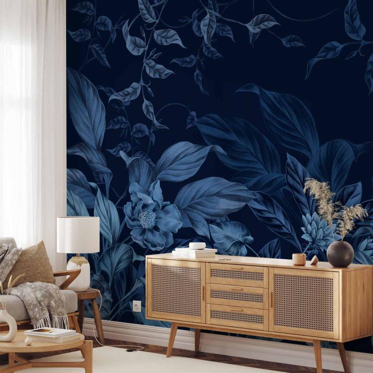 Fototapete Leaves and Flowers - Moody Floral Motif in Navy Blue Shades