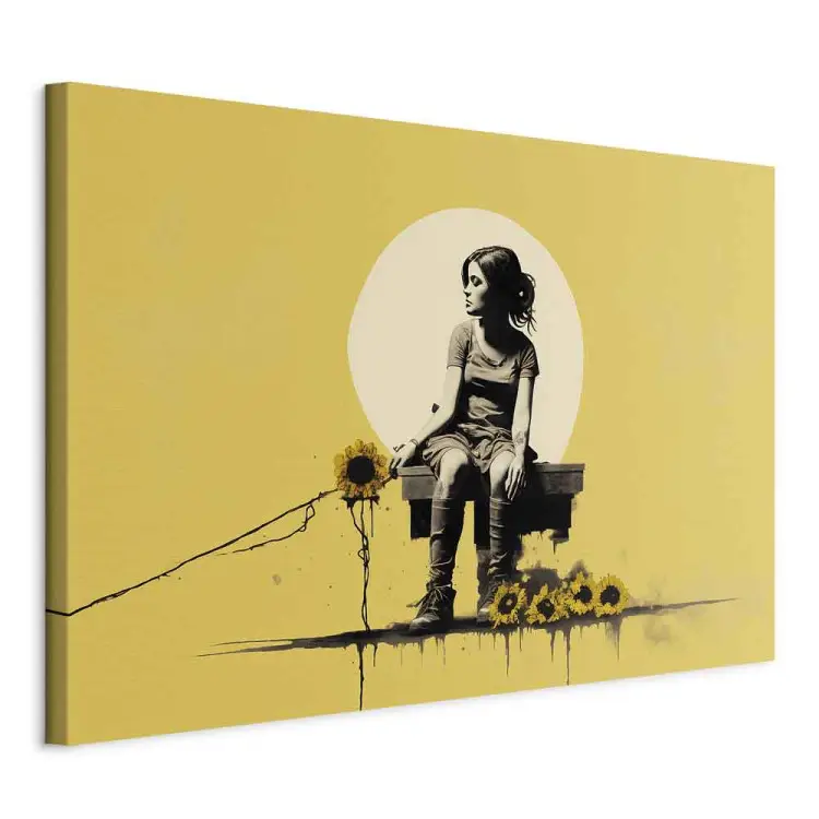 Mädchen und Sonnenblumen - gelbe Komposition im Stil von Banksy