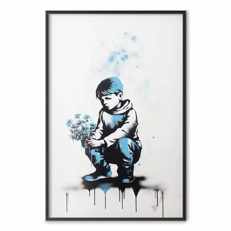 Blue Graffiti - A Boy With a Bouquet Inspired by Banksy’s Style