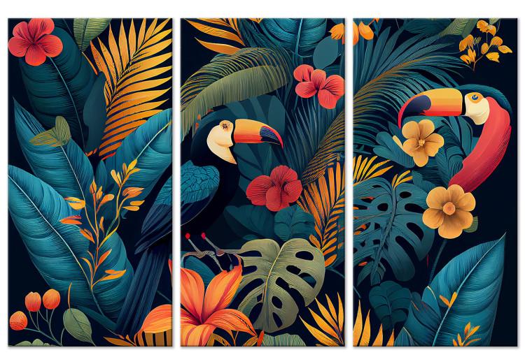 Leinwandbild Birds in the Jungle - Toucans Among Lush Exotic Flowers and Foliage