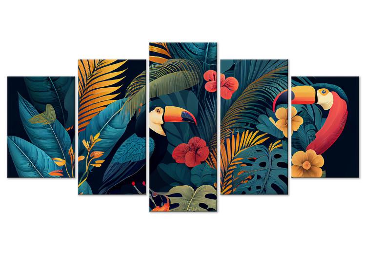 Leinwandbild Birds in the Tropics - Toucans Among Lush Exotic Flowers and Foliage