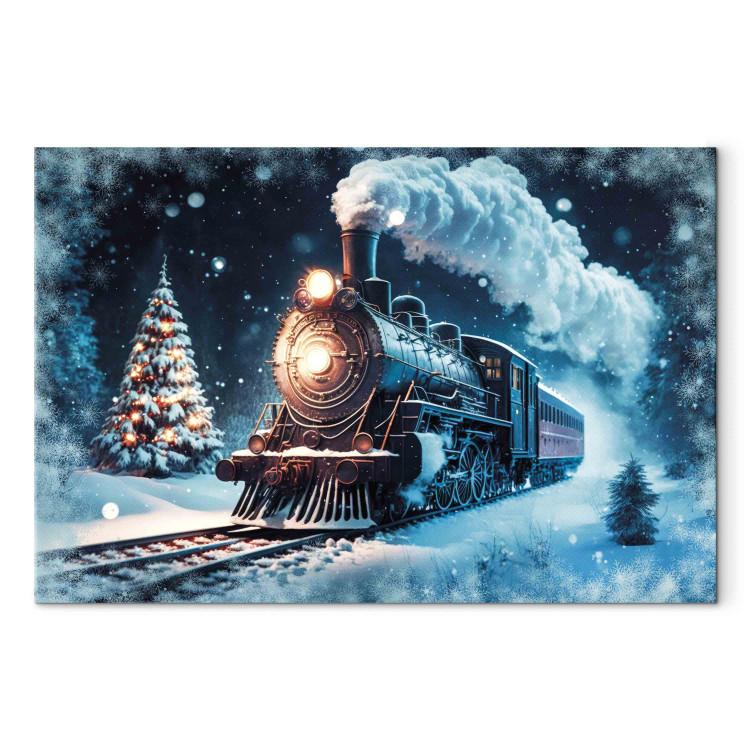 Leinwandbild Christmas Train - Steam Locomotive Driving Through a Snowy Forest at Night