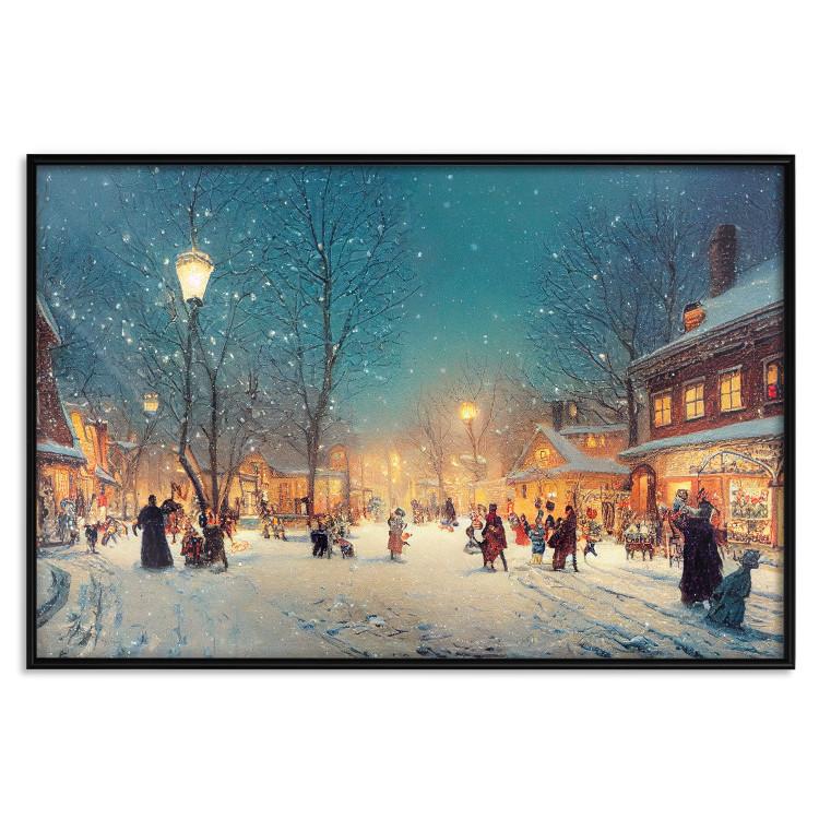 Poster Winter Postcard - A Snowy Street Lit up With Retro Lanterns